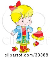 Poster, Art Print Of Little Blond Girl Wearing A Blue Jacket Red Shirt And Green Skirt Standing By Mittens And A Ha