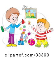 Clipart Illustration Of An Energetic Chubby Boy Accidentally Topping Over A Block Tower Made By His Friend