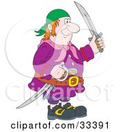 Poster, Art Print Of Red Haired Male Pirate In A Blue Bandana And Purple Jacket Holding Swords