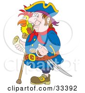 Poster, Art Print Of One Legged Pirate Smoking A Pipe Carrying A Sword Cane And Map And Standing With A Parrot On His Shoulder