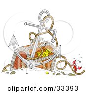 Clipart Illustration Of A Crab Crawling Up The Rope To An Anchor Resting Against A Sunken Treasure Box by Alex Bannykh