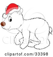 Cute Polar Bear Cub In Profile Wearing A Santa Hat