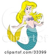 Poster, Art Print Of Blond Mermaid Wearing Purple Shells With A Green Tail And Yellow Fins