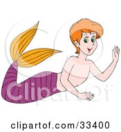 Poster, Art Print Of Friendly Male Mermaid With Red Hair A Purple Tail And Orange Fins