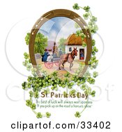 Poster, Art Print Of Gilded Lucky Horse Shoe With Clovers Surrounding A Scene Of Ladies Riding On A Horse Drawn Wagon