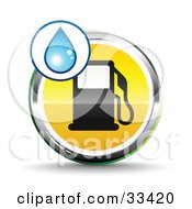 Poster, Art Print Of Blue Water Drop Over A Chrome And Yellow Fuel Icon With A Black Gas Pump Symbolizing Water Powered Cars