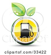Poster, Art Print Of Two Green Leaves Above A Chrome And Yellow Fuel Icon With A Black Gas Pump