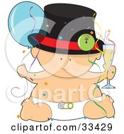 Poster, Art Print Of Baby In A Hat And Diaper Holding A Glass Of Champagne And A Balloon Surrounded By Confetti And Streamers At A New Years Party