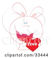 Poster, Art Print Of Loving White Bunny Rabbit Grinning And Holding A Red Love Heart Valentine