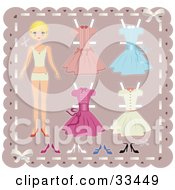 Blond Teenage Girl Paper Doll On A Pink Background With Cutout Dresses And Shoes