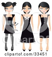 Clipart Illustration Of Three Black Haired Teen Girls In Different Styled Black Dresses On A White Background by Melisende Vector