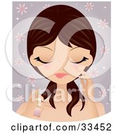 Clipart Illustration Of A Pretty Brunette Caucasian Woman With Flushed Cheeks Spraying Perfume Or Facial Mist On Her Face Over A Floral Purple Background