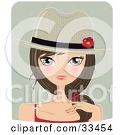 Poster, Art Print Of Pretty Brunette Woman Wearing A Country Styled Hat With A Red Flower On A Green Background