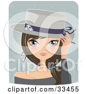 Poster, Art Print Of Pretty Brunette Woman Tipping Her Spring Styled Hat On A Blue Background