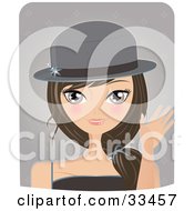 Poster, Art Print Of Pretty Brunette Woman Waving And Wearing A Fall Styled Hat On A Purple Background