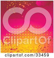 Clipart Illustration Of A Gradient Pink And Orange Grunge Background With Splatters Equalizer Bars And Dots by elaineitalia