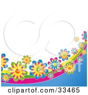 Colorful Funky Flowers On A Rainbow Wave Along The Bottom Of A White Background