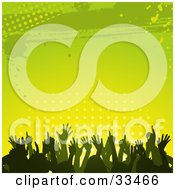 Poster, Art Print Of Silhouetted Crowd Dancing And Having Fun Against A Gradient Green And Yellow Background Of Dots And Grunge