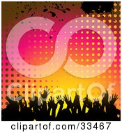 Clipart Illustration Of A Silhouetted Crowd Dancing Against A Gradient Pink Orange And Yellow Background Of Dots And Grunge