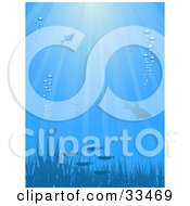 Poster, Art Print Of Underwater Scene Of Silhouetted Fish And Grass With Bubbles And Rays Of Sunlight In Blue Tones