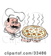 Pleasant Chef In A Hat Holding A Steaming Pepperoni Pizza Pie