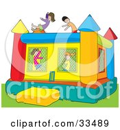 Poster, Art Print Of Boys And Girls Jumping In A Colorful Inflatable Bouncy Castle On Grass