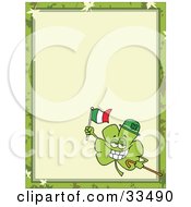 Poster, Art Print Of St Paddys Day Clover Wearing A Hat Carrying A Cane And Flag In The Corner Of A Stationery Background Or Blank Menu