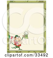 Poster, Art Print Of St Paddys Day Leprechaun Running With A Beer And Flag In The Corner Of A Stationery Background Or Blank Menu