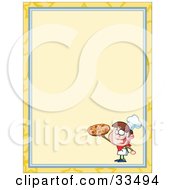 Pizza Boy Holding Up A Pepperoni Pie In The Corner Of A Stationery Background Or Blank Menu