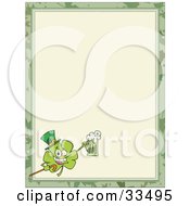 St Paddys Day Clover Wearing A Hat And Holding Up A Beer In The Corner Of A Stationery Background Or Blank Menu