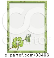 St Paddys Day Clover Carrying A Cane And Holding Up A Beer In The Corner Of A Stationery Background Or Blank Menu