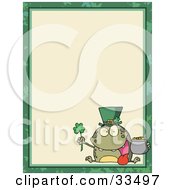 St Paddys Day Frog With A Clover Hat And Pot Of Gold In The Corner Of A Stationery Background Or Blank Menu