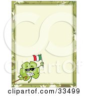 Poster, Art Print Of St Paddys Day Clover Wearing Sunglasses Carrying A Cane And Holding Up A Beer In The Corner Of A Stationery Background Or Blank Menu
