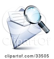 Clipart Illustration Of A Magnifying Glass Inspecting A Letter In An Open Envelope