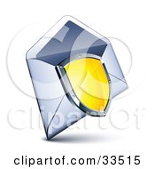 Poster, Art Print Of Shiny Yellow Shield With A Chrome Frame Over An Open Envelope