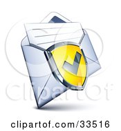 Clipart Illustration Of A Check Mark On A Yellow Shield Over A Letter In An Open Envelope