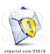 Clipart Illustration Of An Exclamation Point On A Yellow Shield Over A Letter In An Open Envelope