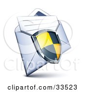 Poster, Art Print Of Black And Yellow Checkered Shield Over A Letter In An Open Envelope