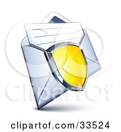 Poster, Art Print Of Shiny Yellow Shield With A Chrome Frame Over An Open Envelope With A Letter