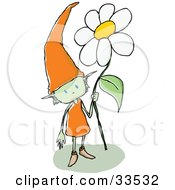 Clipart Illustration Of A Friendly Green Gnome Wearing An Orange Dress And A Tall Pointy Hat Holding A White Daisy Flower by PlatyPlus Art #COLLC33532-0079
