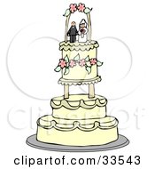 Clipart Illustration Of A Bride And Groom Wedding Cake Topper Resting On The Upper Tier Of A Fancy Beige Floral Cake