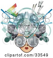 Poster, Art Print Of Female Media Head With Visual Glasses Speakers Equalizers And Arrows