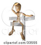 Poster, Art Print Of Wooden Figure Seated On A Sign Post Looking Out Into The Distance Symbolizing Opportunity And Options
