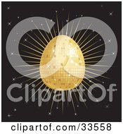 Clipart Illustration Of A Shiny Golden Easter Egg Disco Ball Over A Bursting And Sparkling Black Background by suzib_100