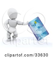 White Character Standing And Leaning Against A Blue Credit Card by KJ Pargeter