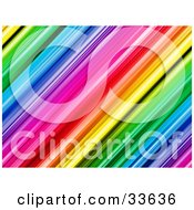 Clipart Illustation Of A Colorful Diagonal Rainbow Background Of Red Orange Yellow Green Blue Pink And Purple Bars
