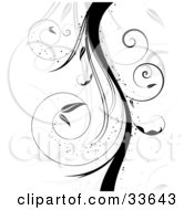 Clipart Illustation Of A Thick Black Curly Vine With Sparkles And Leaves Over A White Background With Faded Vines