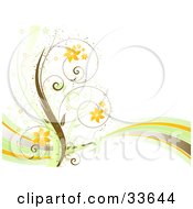 Clipart Illustation Of A Curly Floral Vine With Orange Flowers Over A White Background With A Wave Of Green Orange And Brown