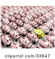 Clipart Illustation Of A Golden Piggy Bank Standing Out From A Crowd Of Pink Banks In Rows by KJ Pargeter