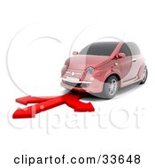 Poster, Art Print Of Red Compact Car Driving On A Red Arrow That Branches Off In Three Different Directions